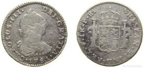 Coins of Spain: Bolivia Spanish colony 1781 PTS PR 1 Real - Carlos III Silver (.903) Potosi Mint 3.38g VF KM 52